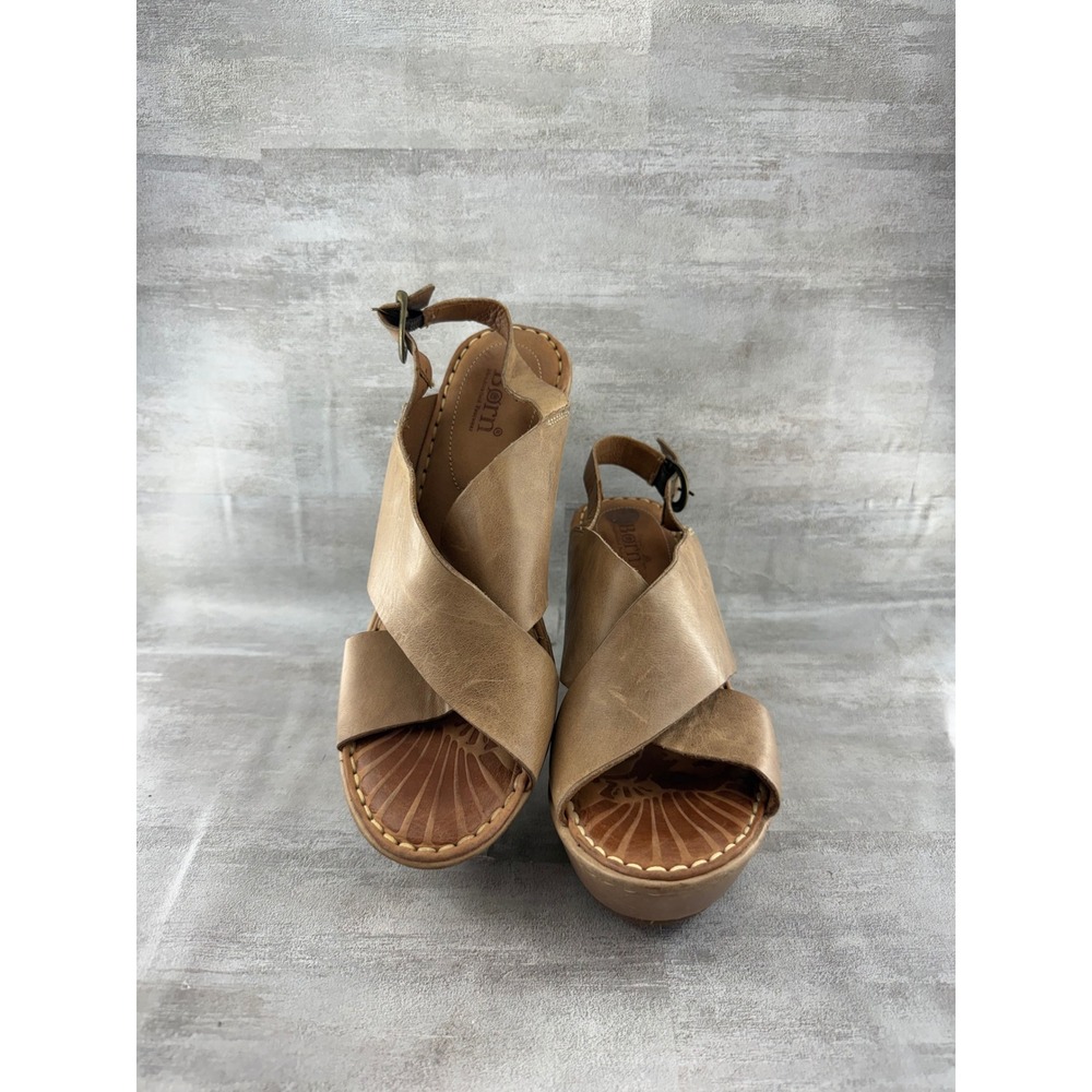 Born Tan Leather Criss Cross Slingback Platform Wedge Sandals Women US 8 EU 39